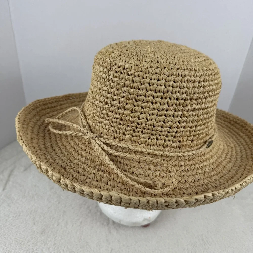 Scala Crocheted Twisted Raffia Straw Boater Hat with Drawstring One Size Natural